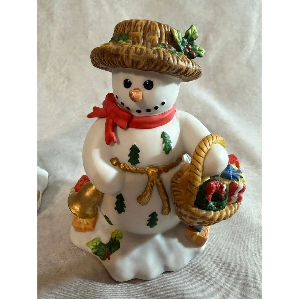 PartyLite Snowbell Snowman & Snowlady Christmas Candle Holders Ceramic Figurines